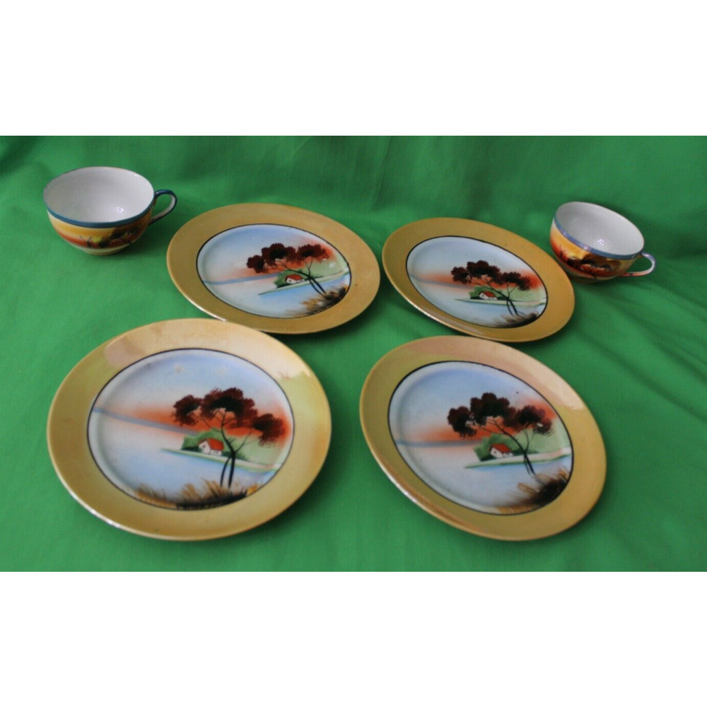 Vintage Japan Early 1900 Hand Painted Lusterware 6 Piece Landscape Plates Cups